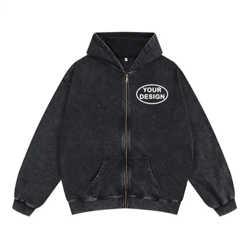 Wax Dyed Wool Zipper Hooded Sweatshirt Pants Set Custom Logo Printing Embroidery Retro Washed Old Street Set — image 1