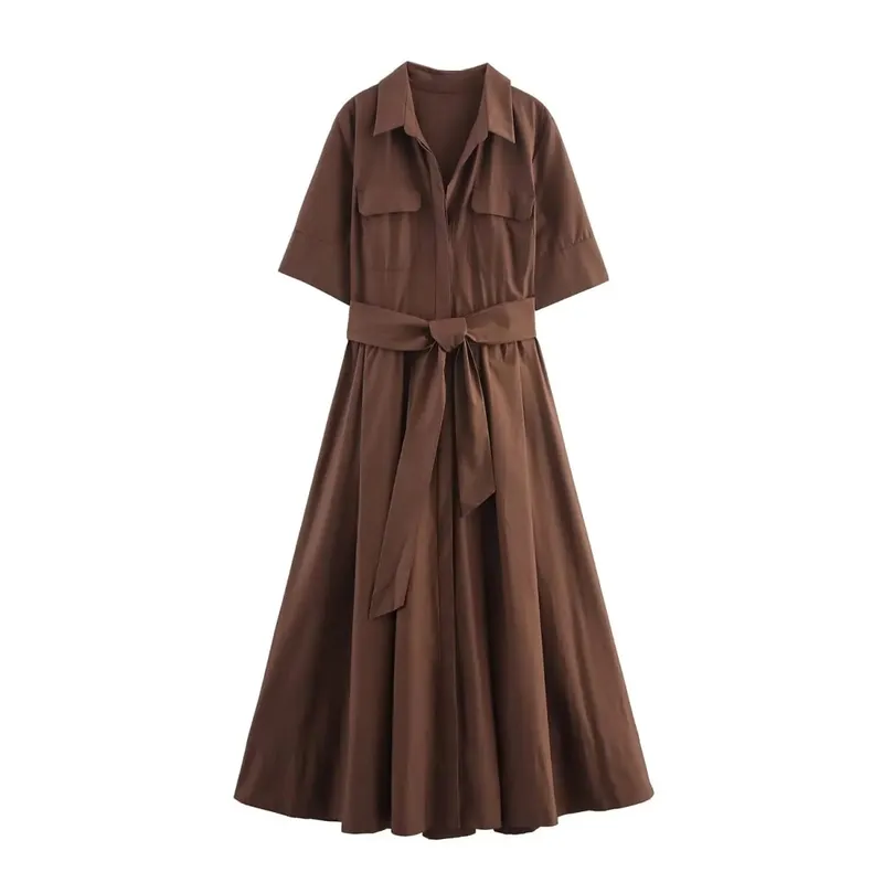 HH Women Summer Lapel Short Sleeve Pocket Single-Breasted Belt Decorate Midi Dress Female Fashion Shirt Style Pleated Dress — image 10