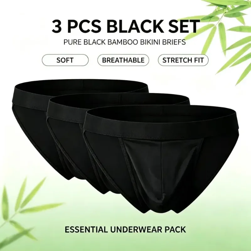 Calzoncillos de bikini de corte alto para hombres de fibra de bambú suave Bolsa integrada Ropa interior atlética que absorbe la humedad para entrenamiento en gimnasio 1 juego de 3 piezas