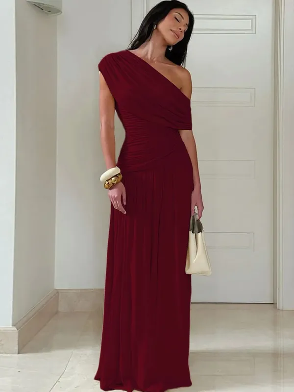 Hugcitar One Shoulder Ruched Sleeveless Solid Pleated Sexy Irregular Y2K Maxi Dress Summer Elegant Party Women Clothes Vacation — image 5