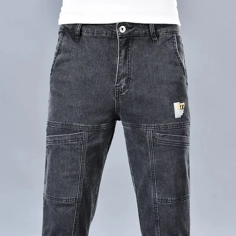 2024 Men's Summer Fashion Men's Jeans Multi-pocket Splicing Straight-leg Casual Denim Trousers Personalized Dark Blue Brand