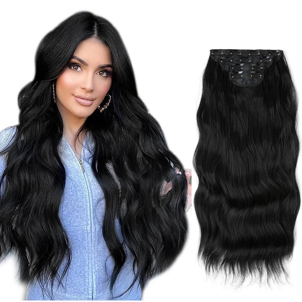 Synthetic 22" Long Wavy Clip In Hair Extensions 4Pcs/Set Thick Hairpiece For Women Brown Blonde Black Natural Fake Hair Pieces