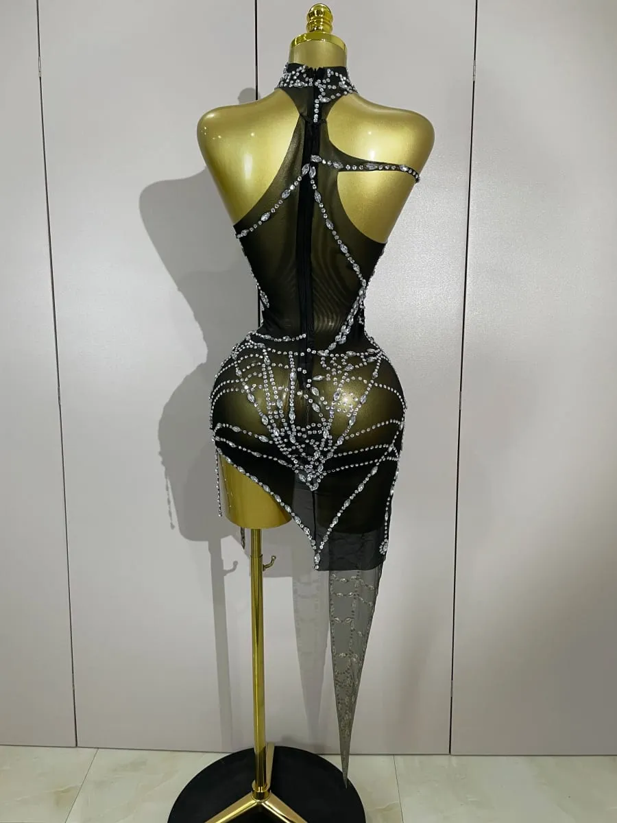 Sparkly Diamond Sexy Mesh Asymmetric Bodycon Mini Dress Women Nightclub Bar Party Show Gogo Dancer Clothing Stage Costume — image 3