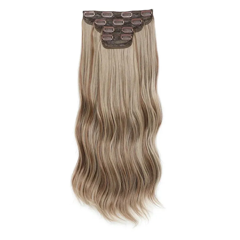 4 pçs/set 11 clipes 22 polegadas 220g ondas de praia clipe em extensões de cabelo loira arenosa champanhe resistente ao calor sintético peruca — image 9