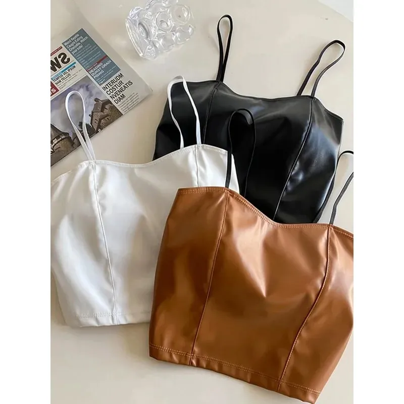 Women PU leather camis underwear padded bra sexy tops Y2K crop tops elastic lace at back tank tops for women streetwear — image 1