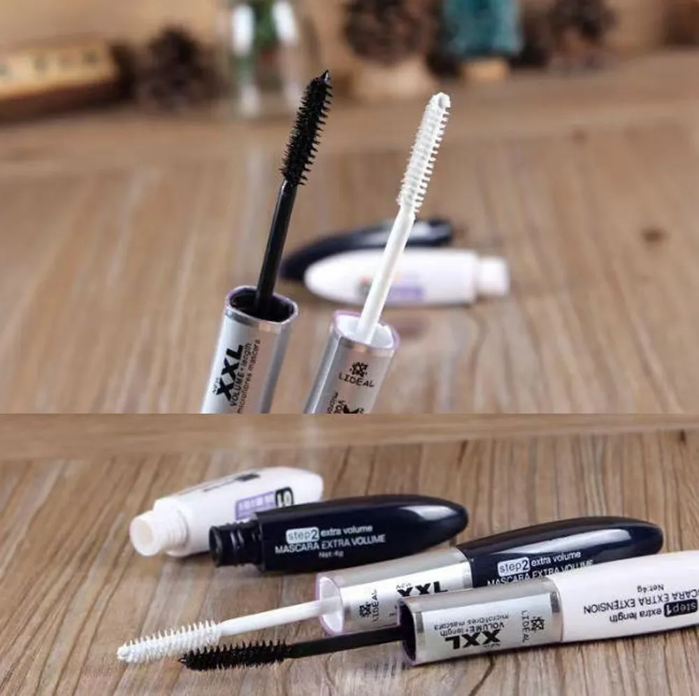 Ultrasort dobbeltendet mascarafiberforlængende og volumengivende langtidsholdbar øjenmakeup med sorte og hvide børstehoveder — image 1