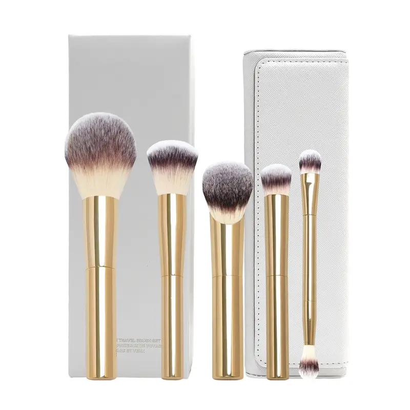 5 pezzi / set pennelli per trucco a clessidra fondotinta in polvere, fard, correttore, ombretto, piega, pennello per trucco con borsa in pelle bianca