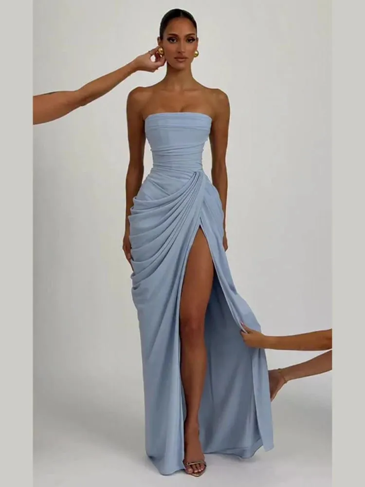 Sexy sólido plissado vestido sem alças senhora chique fora do ombro sem costas cintura alta vestidos divididos feminino 2026 novo vestido de festa à noite — image 7