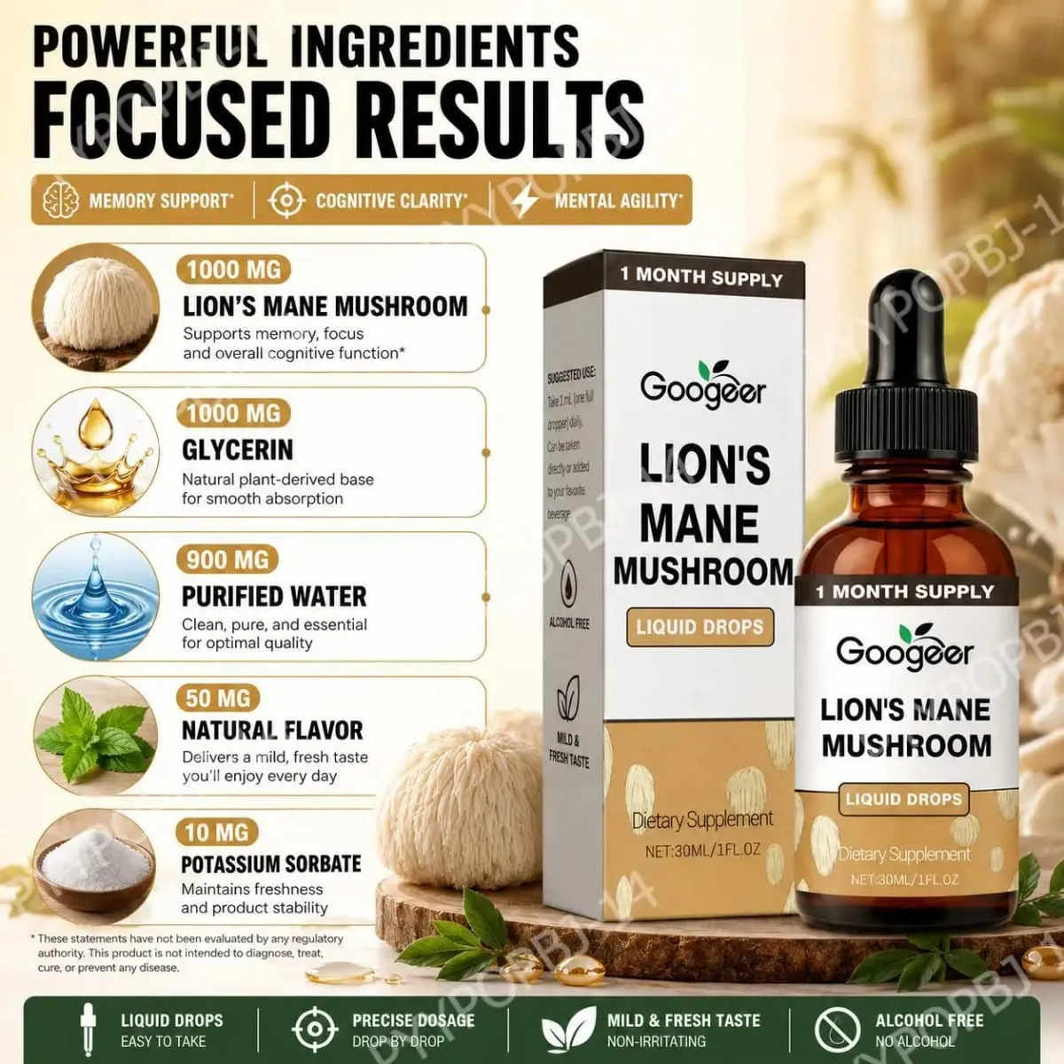 Googeer Lion's Mane Mushroom Liquid Drops الذاكرة ودعم التركيز للوضوح المعرفي والرشاقة العقلية خالية من الكحول 30 مل — image 3
