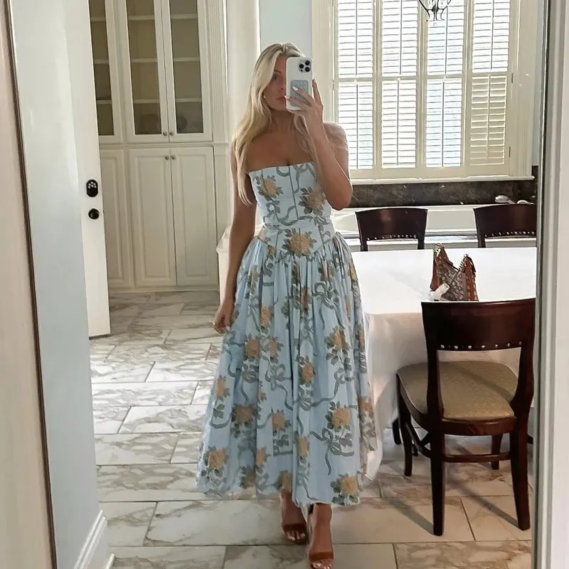 Oligai Floral Print Midi Sundress Elegant Spaghetti Strap Flowy Dress Aussie Summer Women Boho Chic Beach Dress — image 3