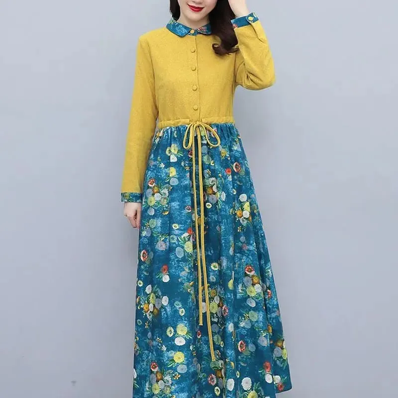 Women's Clothing Casual Printed Dresses Spring Autumn New Single-breasted Fashion Turn-down Collar Commute Drawstring Long Dress — image 5