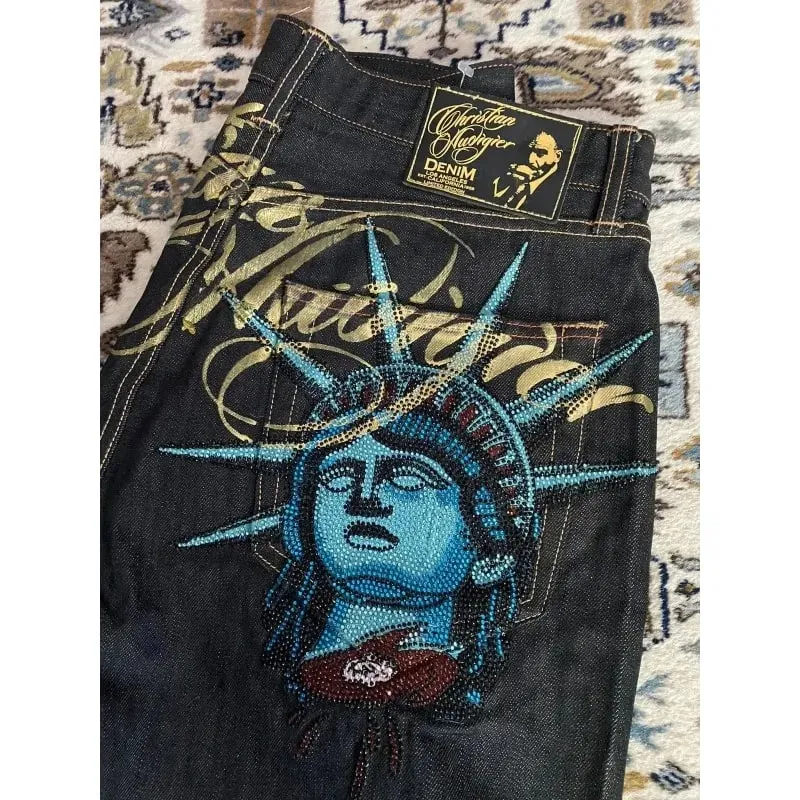 American vintage Liberty Goddess diamond jeans high-waisted straight-cut wide-leg jeans Y2K casual Ins street wear long pants — image 3