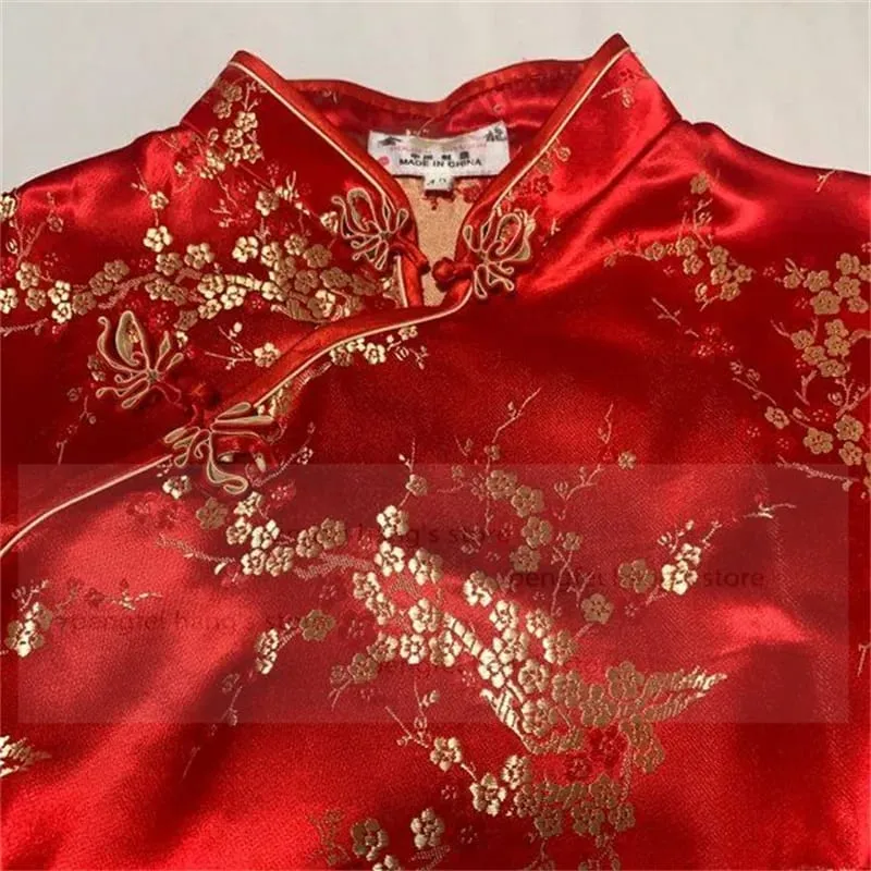 ผู้หญิงสไตล์จีน Dragon Phenix Qipao คลาสสิกสีแดงซาติน Cheongsam Plus ขนาดแขนสั้นมินิชุด Vestidos 3XL 4XL 5XL 6XL