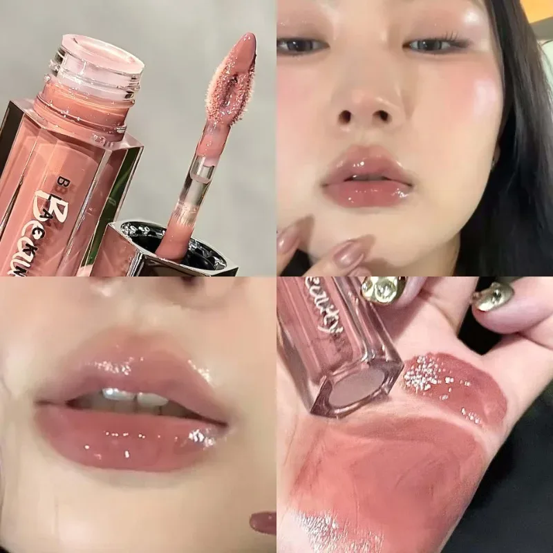 Gelo transparente marrom brilho labial hidratante batom líquido brilhante nude água luz espelho de vidro maquiagem de longa duração