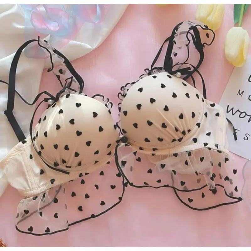Japanese girl polka dot bra set pure desire sexy without underwire small chest push-up underwear cute lace bra — image 2