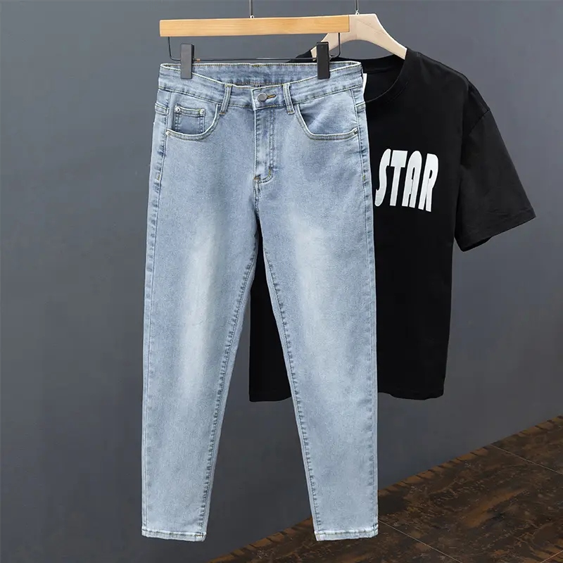 New Men's Little Feet Skinny Jeans Light Blue Spring Summer Thin Elastic Denim Pants Classic Korean Washed Cowboy Trousers