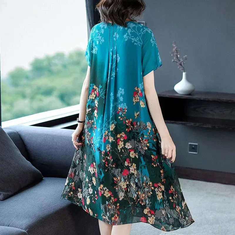 Mother Clothes Summer Chiffon Dresses O-Neck Mid-Long Printed A-line Dress Large Size Short Sleeve Middle-aged Women's Vestidos — image 5