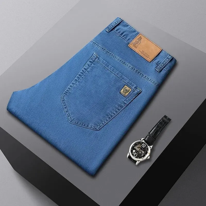 Men's Ice Silk Jeans Summer New Lyocell Thin Business Casual Denim Pants Classic All Match Slim Fit Straight Elastic Jean Male
