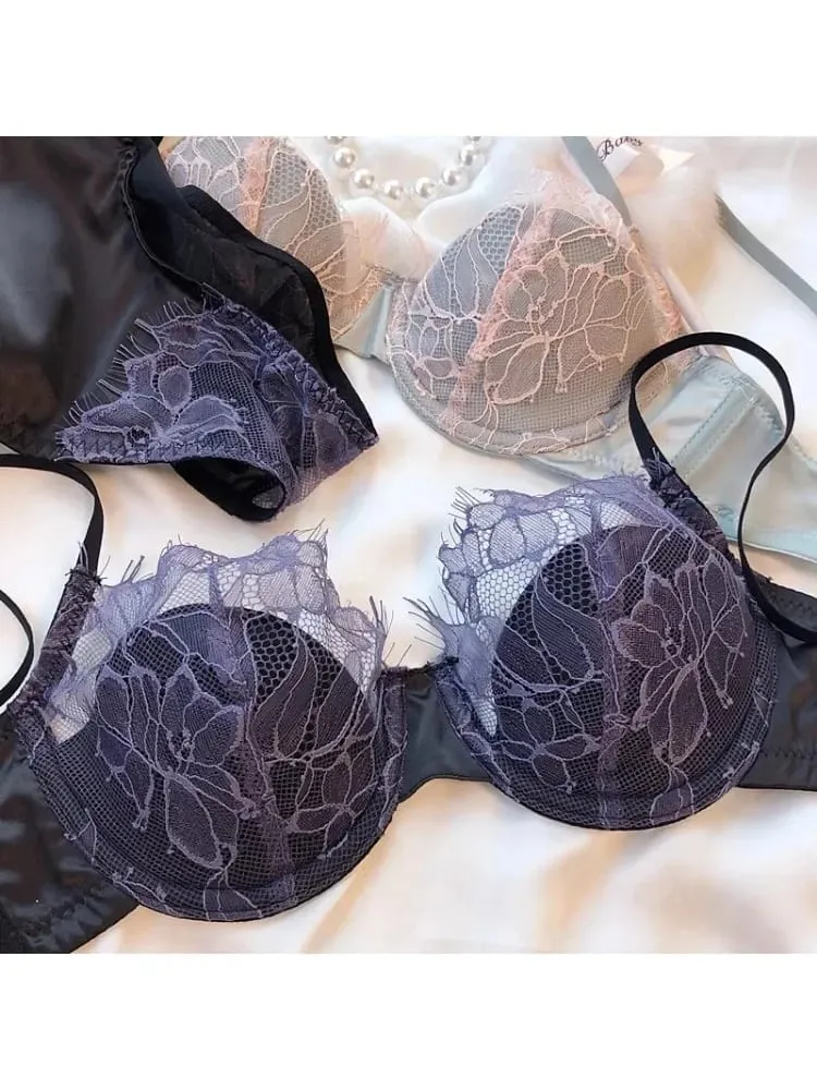 French Sexy Lacy Lacy Underwear Set Thin Bra with Big Breasts and Small Bra Soft Underwire Anti-sagging Side Milk — image 2