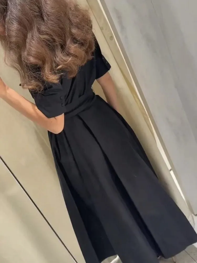 Chic Solid Short Sleeve Lapel Long Dress For Women Elegant Single Breasted Waist Maxi Dress Lady Holiday Evening Party Vestidos — image 5