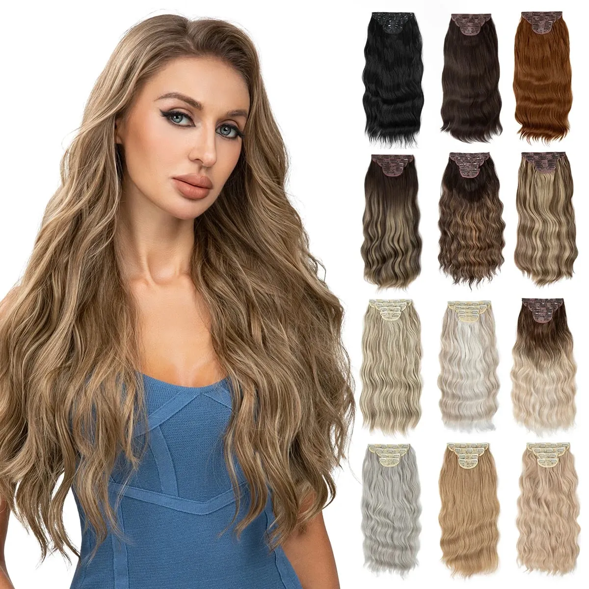 Synthetic 22" Long Wavy Clip In Hair Extensions 4Pcs/Set Thick Hairpiece For Women Brown Blonde Black Natural Fake Hair Pieces — image 2