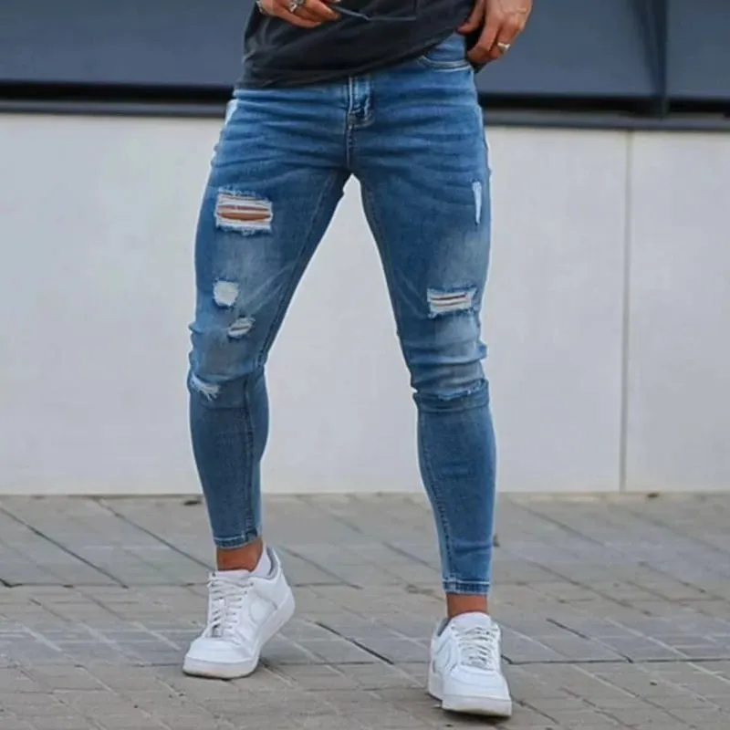 Men's Dropship Custom Label Logo High Quality Y2K Zipper Ripped Skinny Denim Jeans Pants for Men Streetwear Clothing