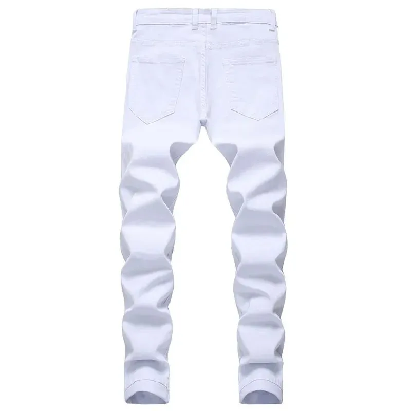 2025 Hole Denim Pants Men's Tide Brand Ruined Hole Jeans Solid Slim All-match High Street Hip Hop Trousers Red White Large Size — image 4
