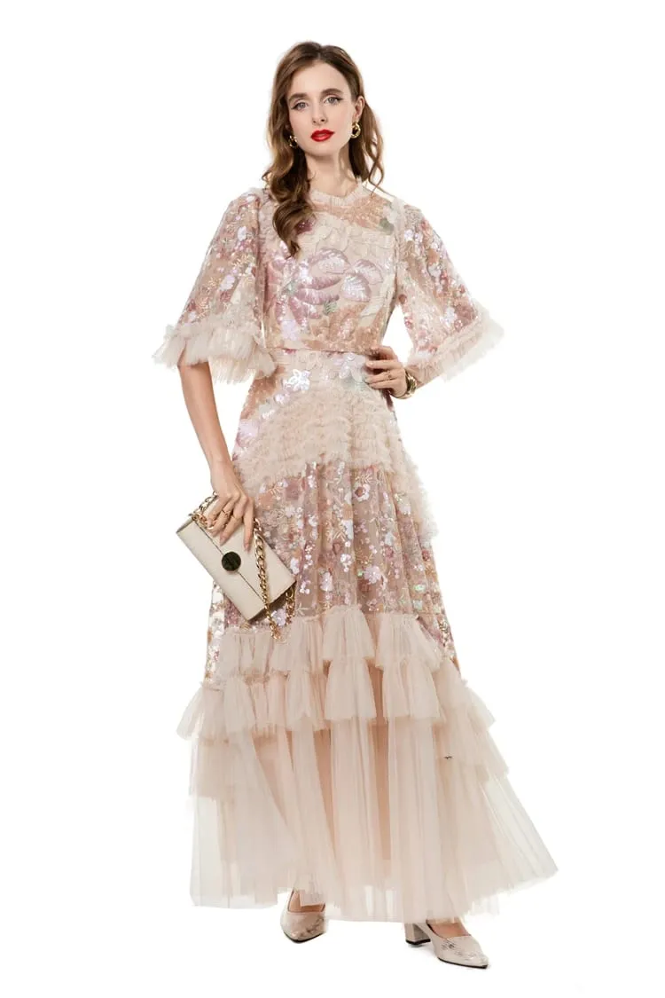 Women's Dress O Neck Short Sleeves Sequined Floral Patchwork Ruffles Elegant Designer Party Prom Gown Maxi Vestidos S- 4XL