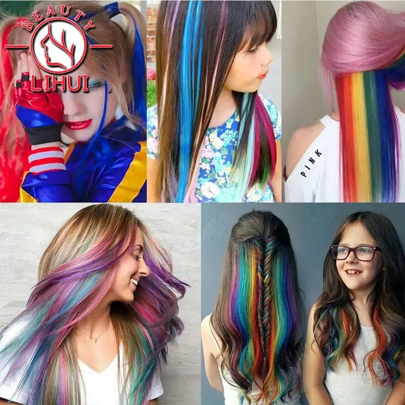 Long Straight Color Hair Piece Hair Extensions Clip In Highlight Rainbow Hair Streak Pink Synthetic Hair Strands on Clips