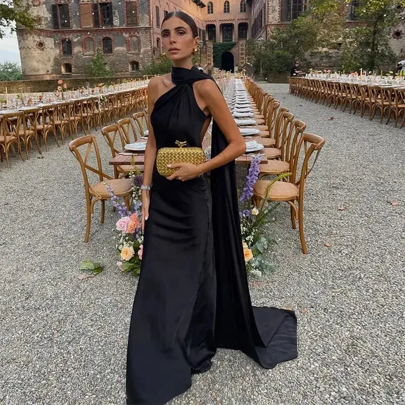 Ribbon Hanging Neck Long Dresses Women Printed Sleeveless Backless Slim High Waist Halter Party Dress 2025 New Hip Package Robe