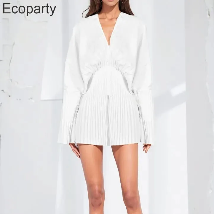 Women Loose White V-Neck Pleated Shirts Elegant Casual Chiffon Shirt Ladies Lantern Full Sleeve Tops Blouses 2024