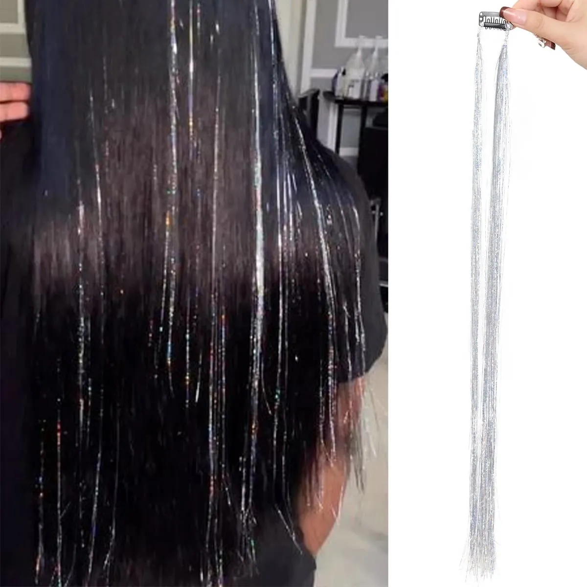 24 tommer 1 stk farvet hårforlængelse med glitter Langt lige hårstykke Farvefest Highlights klip i syntetisk hårforlængelse — image 8