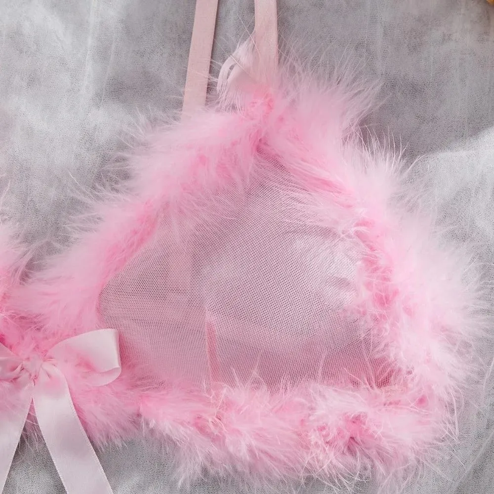 Furry Women's Underwear Mesh Transparent Wireless Lingerie Set Bow Decor Romantic Intimate Bra Panties Suit Anniversary — image 3