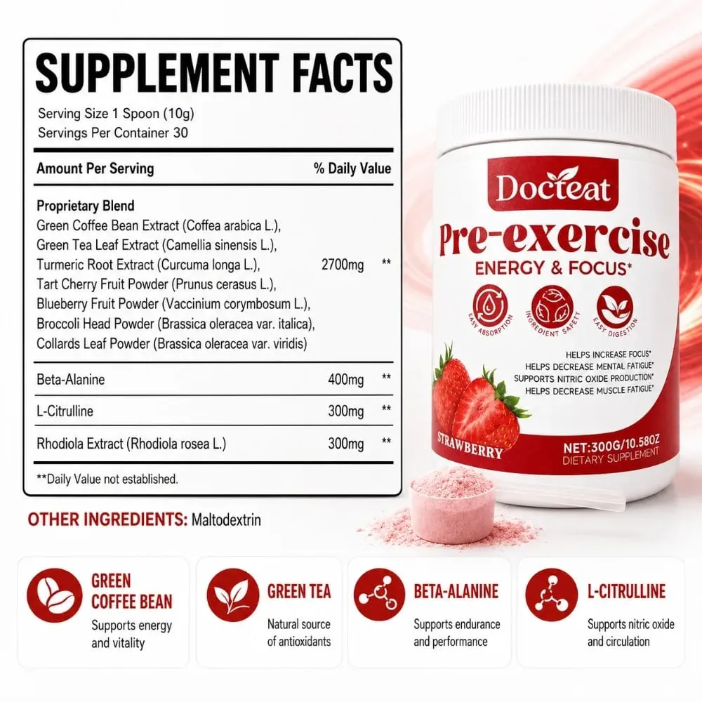 Docteat Pre Workout Powder Strawberry Energy & Focus Support Beta-Alanin L-Citrullin Rhodiola 300 g 30 Portionen Getränkemischung — image 3