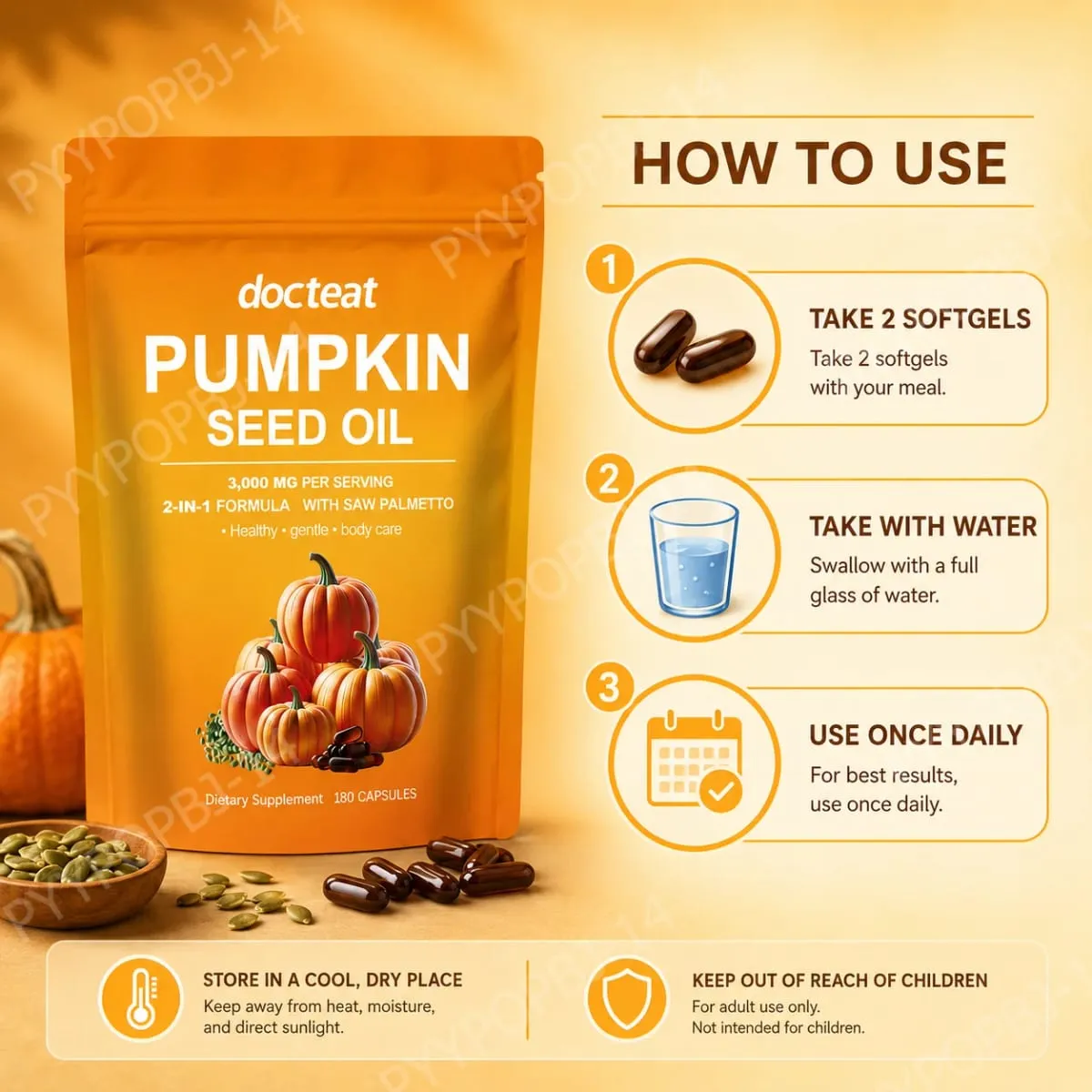 Docteat Pumpkin Seed Oil with Saw Palmetto Capsules 2-in-1 Formula for Prostate and Bladder Function Support 180 Capsules — image 6
