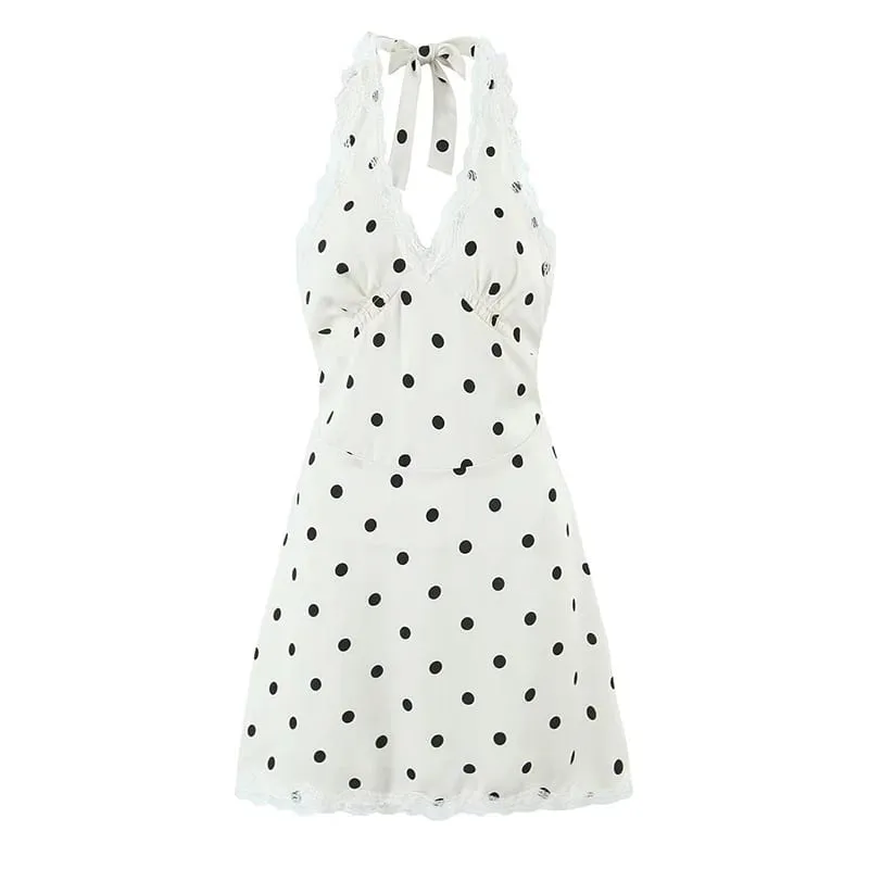 Lace Spliced Polka Dot Halter Dress Women Elegant A-line Mini Sexy Backless Dresses Summer Robe 2025