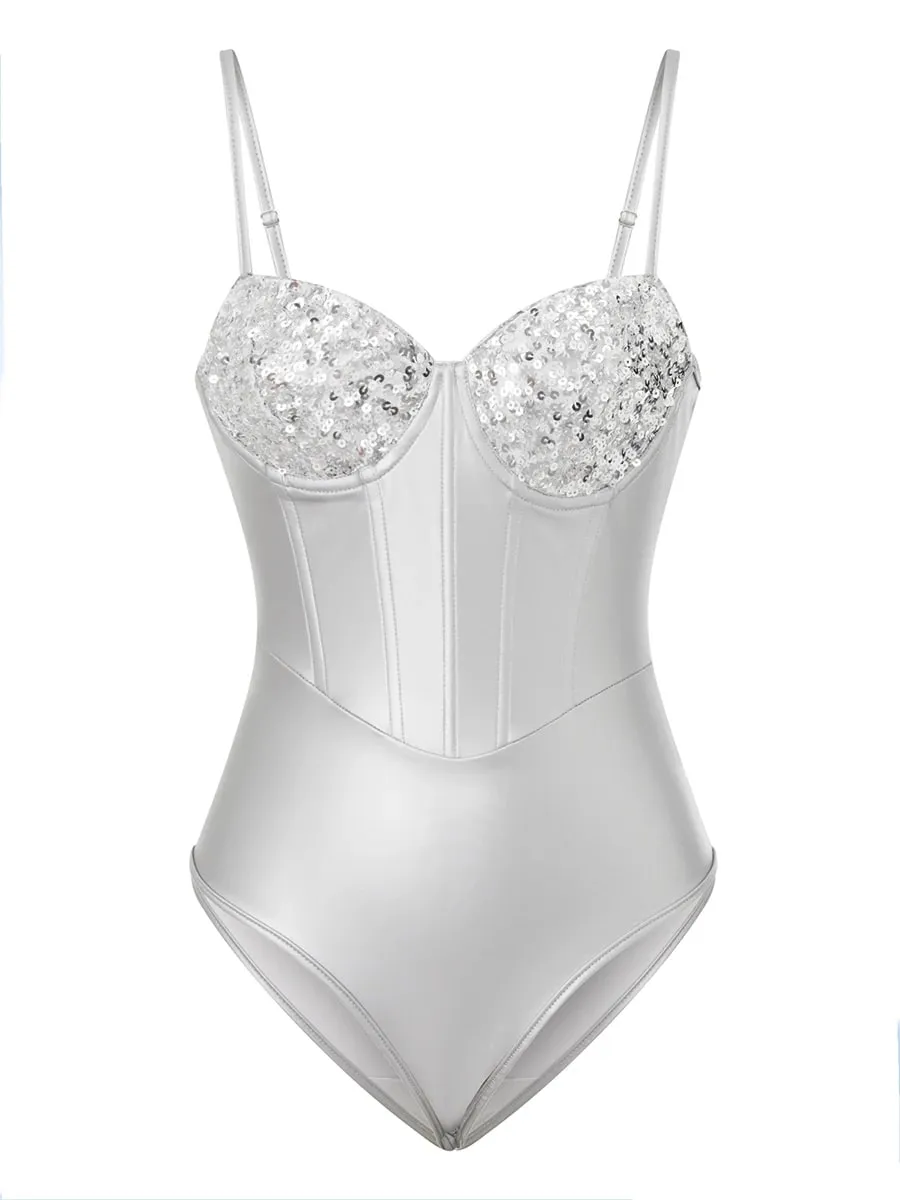 Women's Slim Sleeveless Bodysuit Sparkly Sequin Spaghetti Strap Triangle Romper Leotard Tops