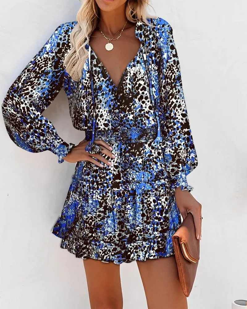 Color Printed Mini Dresses Women Spring Summer Long Sleeve V-neck Elastic Waist Ruffles Dress Fashion Trendy Ladies Vestidos — image 4