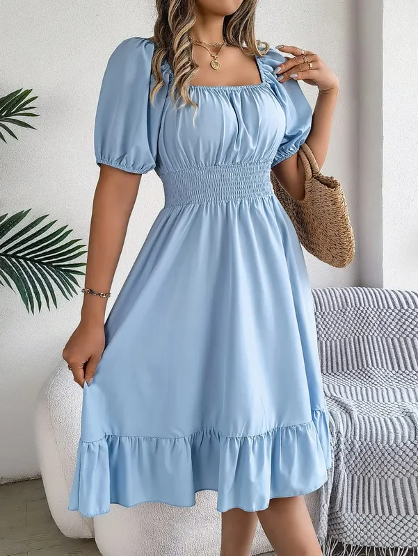 Spring Summer Elegant High Waisted Dress Square Neck Short Sleeved Ruffled Edge Long Dresses 2026 Valentine's Day Woman Clothing — image 12