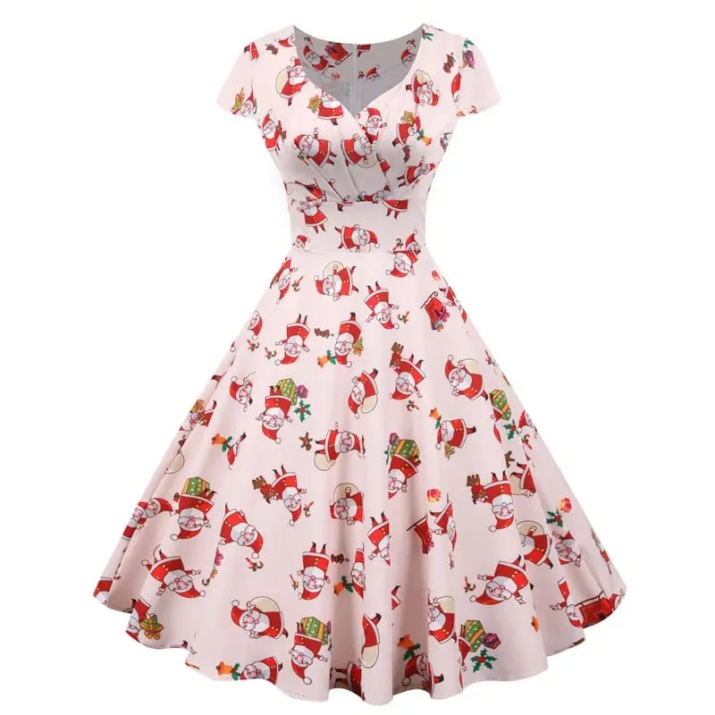Mode V-ausschnitt Kurzarm Gedruckt Weihnachten Kleid Große Schaukel Vintage Elegante Weihnachten Party Kleid — image 5