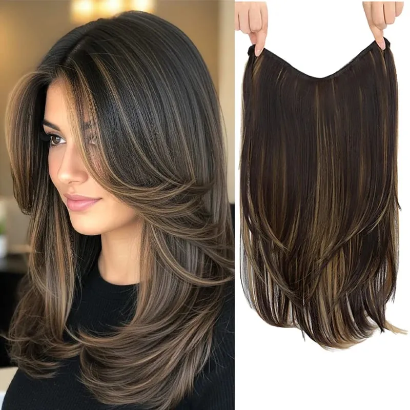 Synthetic Long Straight 22Inch Layered Clip-in Hair Extension V-shaped Black Blonde Invisible Hairpiece for Women Party Girl