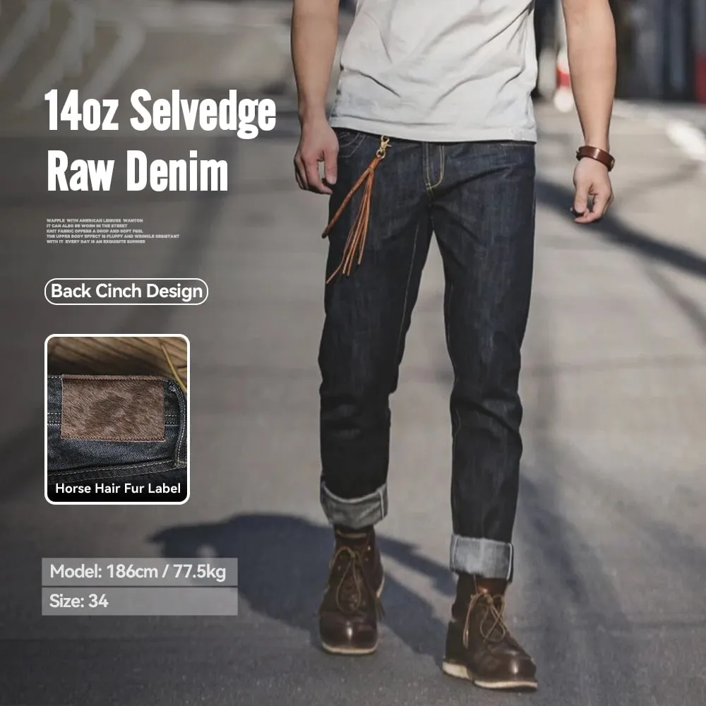 Maden Vintage Raw Denim Jeans for Men 14.8 OZ Jeans Denim Washed Straight Tapered Fit Pants Mid Waist Casual Trousers
