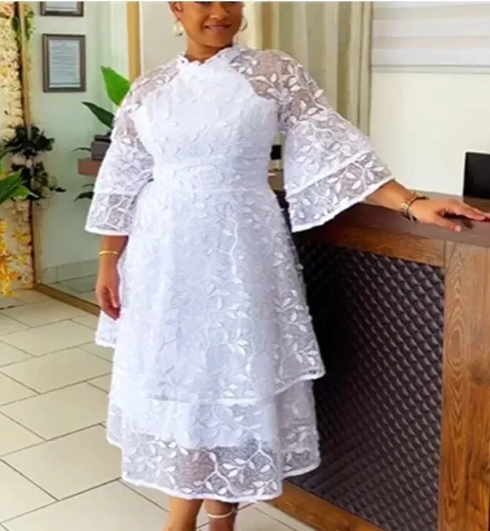 White Lace Dresses for Women Wedding Guests Elegant Turn Down Collar Puff Sleeves Pleated Hem Midi Dress Luxury Occasion Clothes — image 12