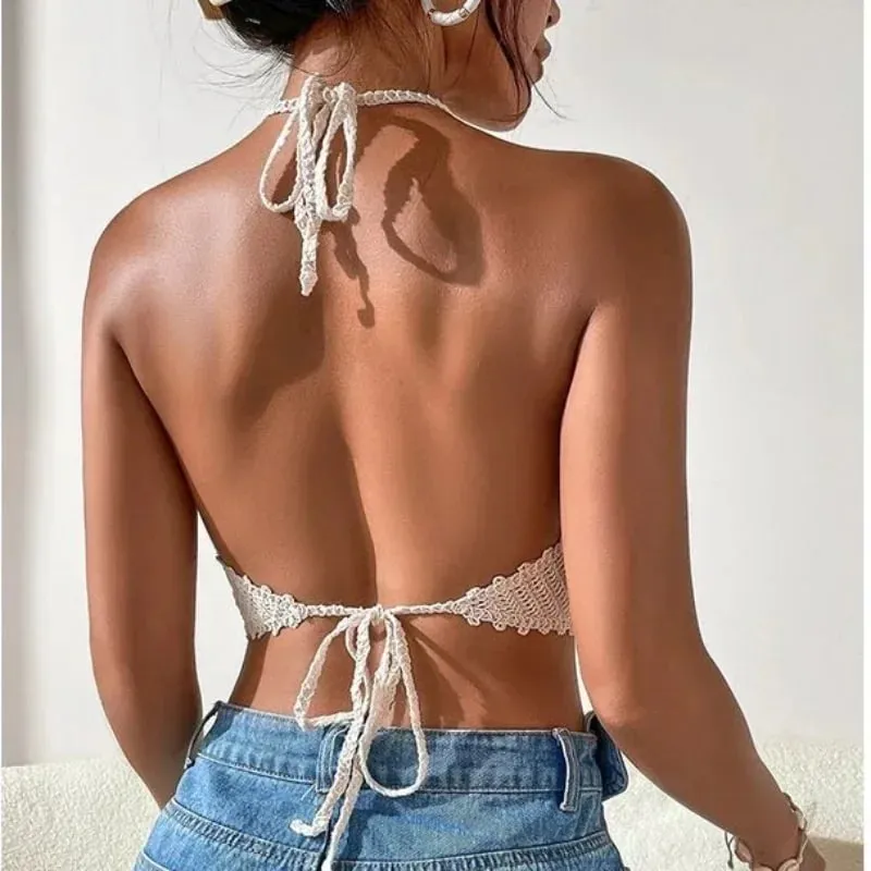 Crop Tops Retro Wild Hollow Perspective Tassel Sexy Spaghetti Strap Tanke Top Women Built In Bra New Back Lace Halter Neck — image 7
