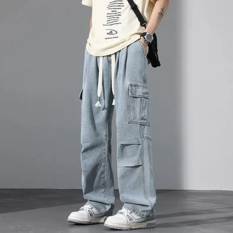 Large Pocket Baggy Jeans Men's 2025 New Spring Classic Straight Denim Trousers Street Y2K Elastic Waist Casual Cargo Pants