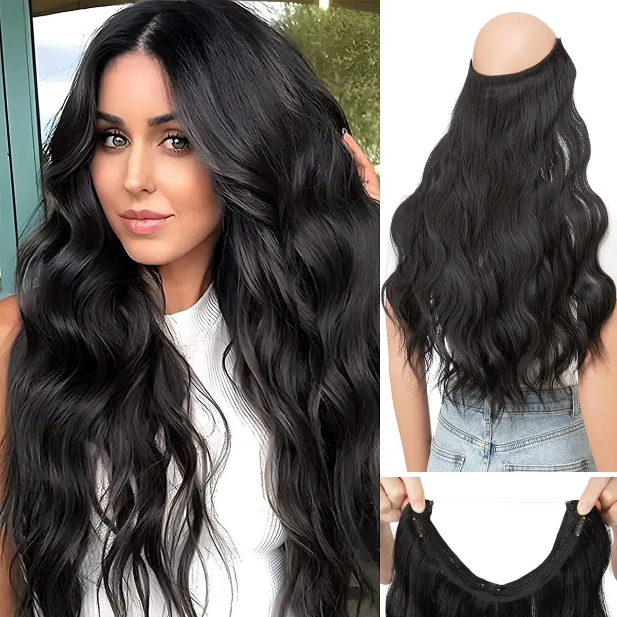 Synthetic Wave Invisible Clip in Hair Extensions Fish Line Ombre One Piece Natural Hairpiece Fake Blonde Hair Piece — image 8