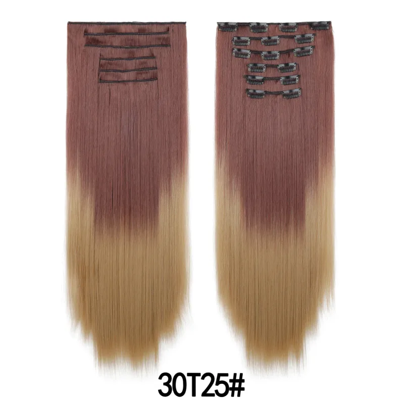 6 ks 24palcových Ombre Color Clip-in prodloužení vlasů Dlouhé syntetické rovné příčesky Vrstvené měkké neviditelné Clip In prodloužení — image 12