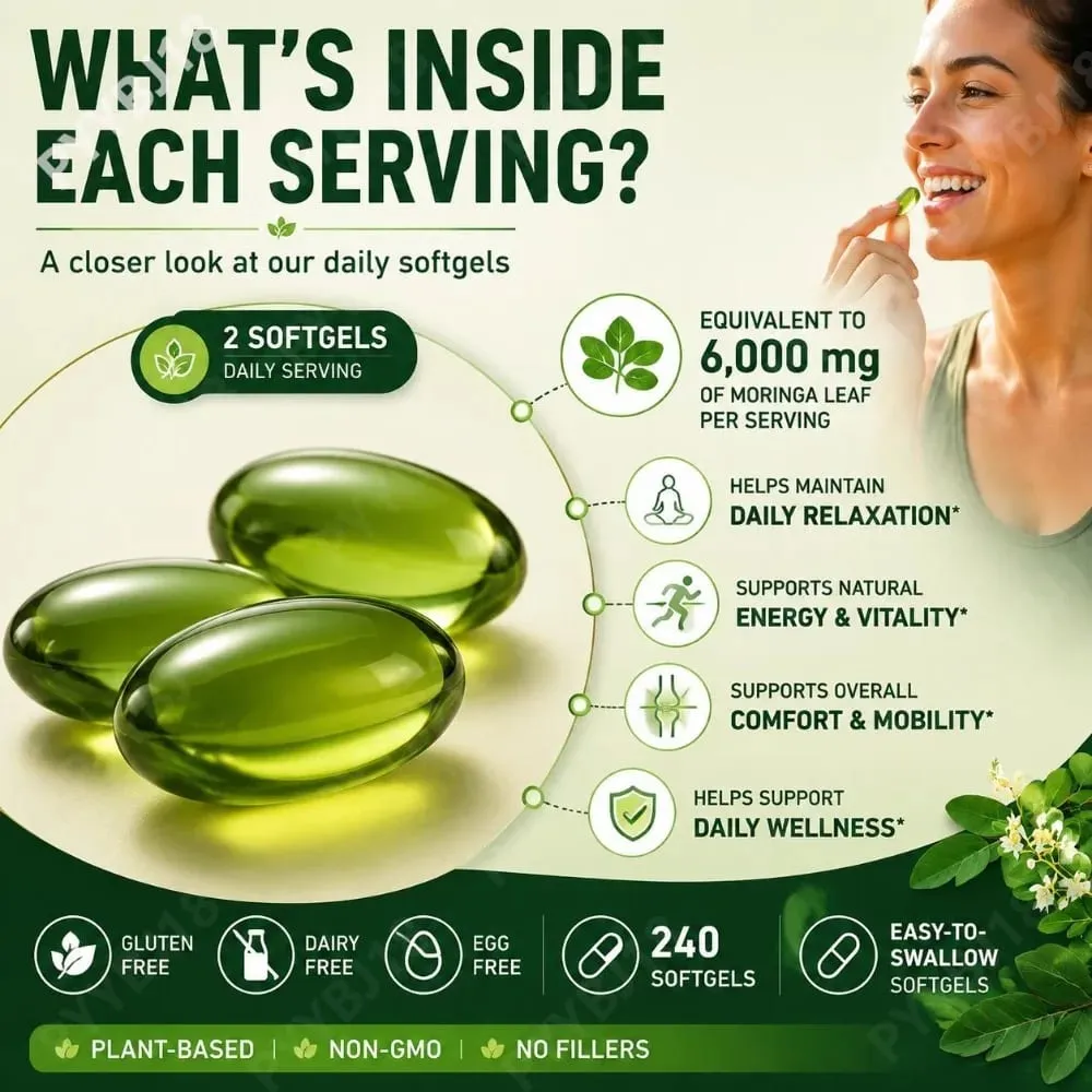 Moringa Leaf Softgels 6000 Mg Equivalent Per Serving for Daily Relaxation Natural Energy Vitality & Comfort Support 240 Softgels — image 7