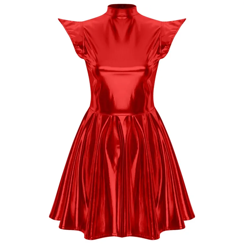 Womens Cocktail Dress Shiny Metallic Dress Alien Space Cap Sleeve High Waist A-line Dress for Halloween Party High Street Dress