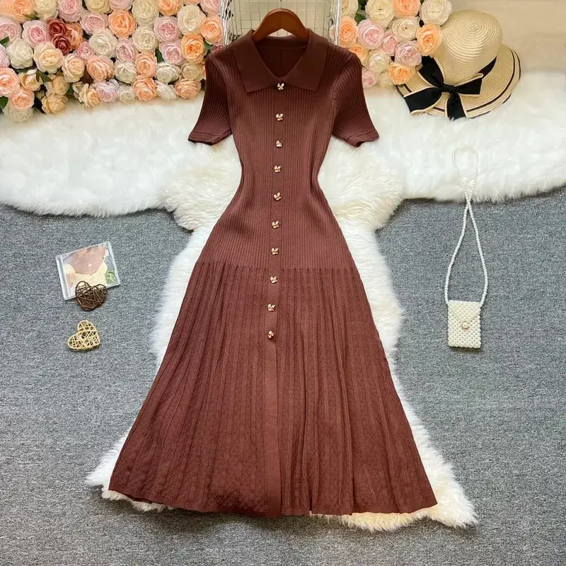 YuooMuoo Brand Fashion Elegant Patchwork Knitted Long Dress Spring Summer Women Luxury Shirt Sweater Dress Lady Party Vestido — image 3